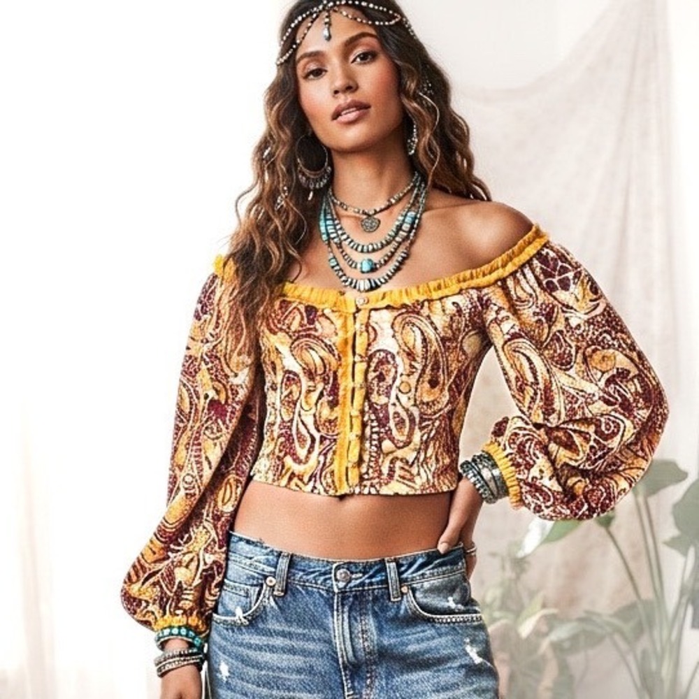 Free People Dare Me Velvet Corset Top Sz XS Yellow Brown Balloon Sleeve Renfaire